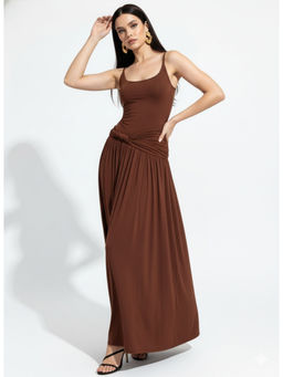 Outzidr - Brown Spaghetti Strap Flared Maix Dress