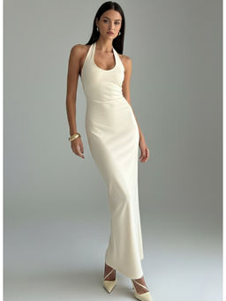 Outzidr - Cream Halter Neck Fitted Maxi Dress