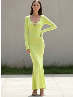 Outzidr - Lime Green Full Sleeve U-Neck Maxi Dress