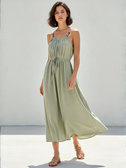 Outzidr - Green Spaghetti Tie-Up Flared Midi Dress with Belt