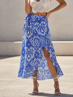 Outzidr - Blue High Waist Printed Wrap Midi Skirt