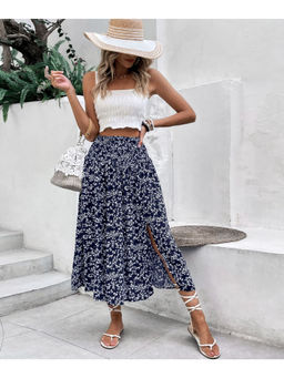 Outzidr - Navy Blue High Waist Side Slit Skirt