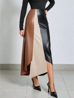 Outzidr - Multi-Color High Waist Pu Panelled Maxi Skirt