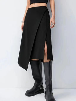 Outzidr - Black High Waist Wrap Knee Length Skirt