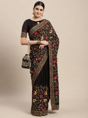 Grey Embroidered Silk Blend Saree With Unstitched Blouse Piece