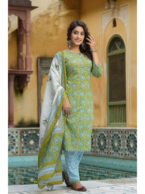 Green-Coloured Ethnic Motifs Cotton Kurta With Trousers And Dupatta