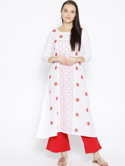 ADA - White Hand Embroidered Cotton Lucknow Chikankari Kurta (XS) (A100047)