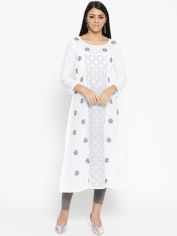 ADA - White Embroidered Cotton Lucknow Chikankari Kurta (XS) (A100050)
