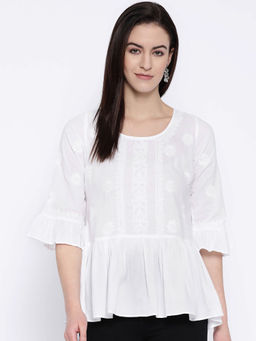 ADA - White Cotton Chikankari Tunic (XS) (A100149)