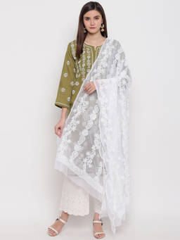 ADA - White Hand Embroidered Faux Georgette Chikankari Dupatta (A100268)