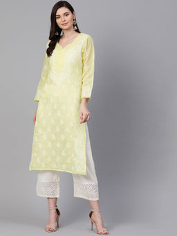 ADA - Yellow Lucknowi Chikankari Cotton Kurta (XS) (A100355)