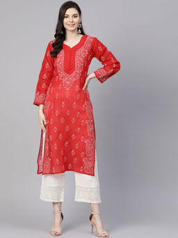 ADA - Red Lucknowi Chikankari Cotton Kurta (XS) (A100358)