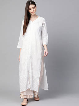 ADA - White Embroidered Cotton Lucknowi Chikankari Kurta (XS) (A100426)