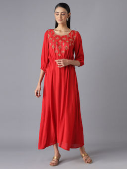 Aurelia - Women Red Festive Floral Print Rayon Dress