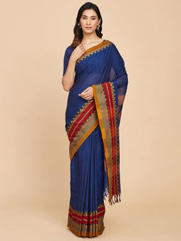 Fabindia - Blue Cotton Woven Saree Without Blouse