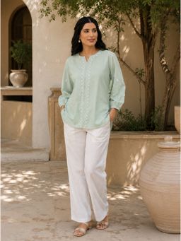 Gharana India - Saheba Chikankari Sage Green Top