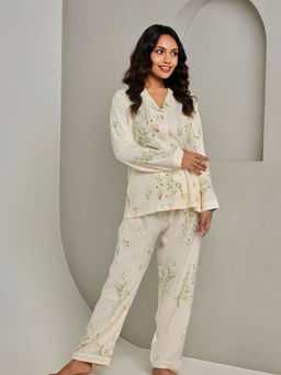 Addery - Subtle Beige Floral Printed Shirt & Pyjama (Set of 2)