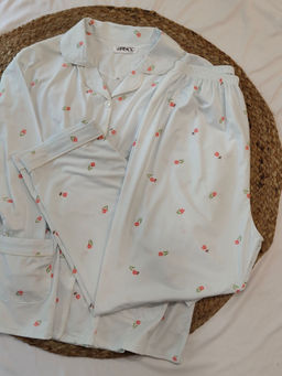 Addery - Blue Plus Size Floral Soft Cotton Sleepwear Shirt & Pyjama (Set of 2)