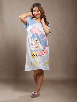 CrossKulture - Women Cartoon Printed Blue Night Dress