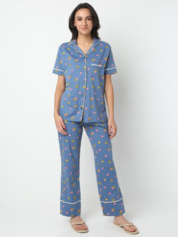Smarty Pants - Women Cotton Blue Peach and Avocado Fruit Print Shirt & Pyjama (Set of 2)