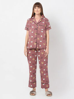 Smarty Pants - Women Cotton Mauve Cartoon Print Shirt & Pyjama (Set of 2)
