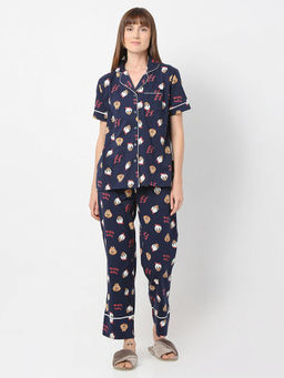 Smarty Pants - Women Cotton Blue Cartoon Print Shirt & Pyjama (Set of 2)