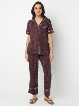 Smarty Pants - Women Cotton Brown Cute Heart Print Shirt & Pyjama (Set of 2)