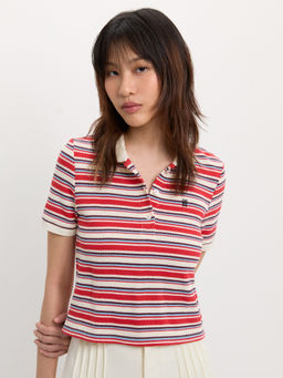 Pomelo - Striped Knit Polo Top - Multi Color
