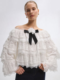 Pomelo - Ruffled Lace Blouse - White