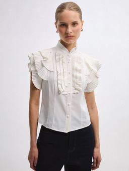Pomelo - Ruffled Placket Top - White