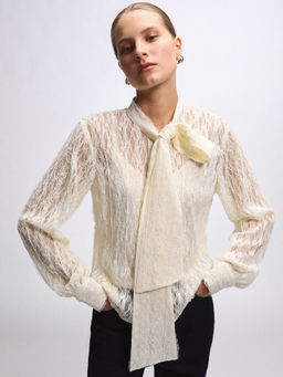 Pomelo - Lace Tie Blouse - Ivory