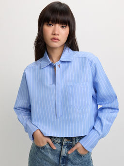 Pomelo - Striped Belted Blouse - Baby Blue