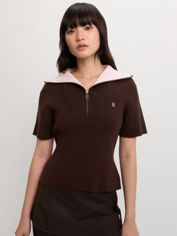 Pomelo - Zip-Up Ribbed Polo Top - Brown