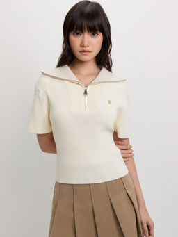 Pomelo - Zip-Up Ribbed Polo Top - Ivory