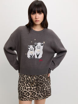 Pomelo - Graphic Print Sweater - Mid Grey