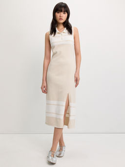 Pomelo - Sleeveless Polo Dress with Front Slit - Beige