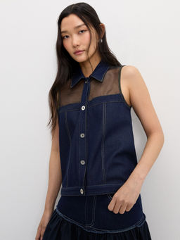 Pomelo - Denim Mesh Top - Dark Blue