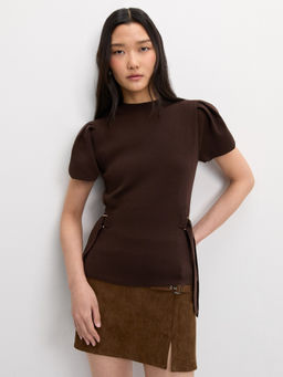 Pomelo - Puffed Sleeve Knit Top - Brown
