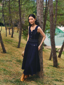 Pomelo - Buttoned Contrast Stitch Dress - Dark Blue