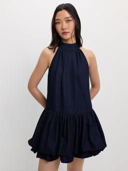 Pomelo - Bow Tie Ruffle Dress - Dark Blue