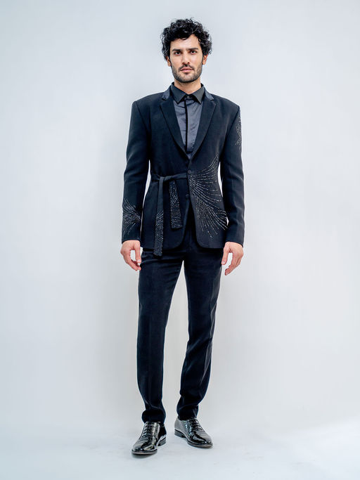 Varun Chakkilam Black metallic wrap style stroked Suit (Set of 3)
