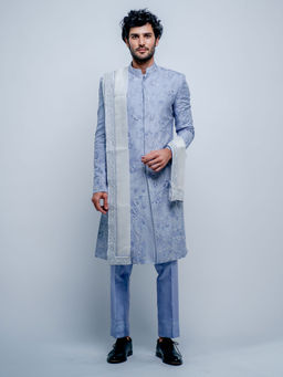 Varun Chakkilam - Lilac Blue Floral Sherwani With Pant and Dupatta (Set of 3)