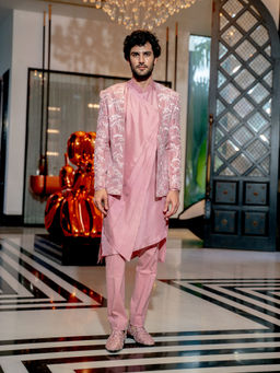 Varun Chakkilam - Onion Pink Abstract Floral Kurta with Open Jacket and Pant (Set of 3)