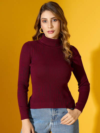 Women Maroon High Neck Pullover Sweater
