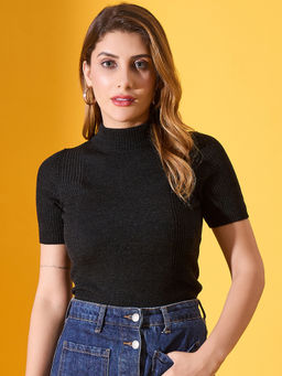 98 Degree North - Women Black Half Sleeves Turtle Neck Pullover Sweater