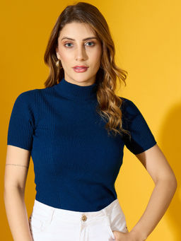 98 Degree North - Women Navy Blue Half Sleeves Turtle Neck Pullover Sweater