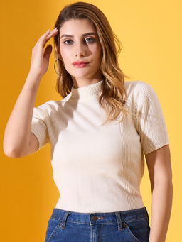 98 Degree North - Women Cream Half Sleeves Turtle Neck Pullover Sweater