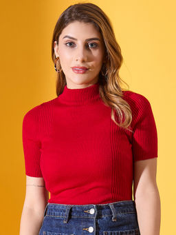 98 Degree North - Women Red Half Sleeves Turtle Neck Pullover Sweater