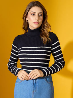 98 Degree North - Women Navy Blue Turtle Neck Striped Pullover Sweater