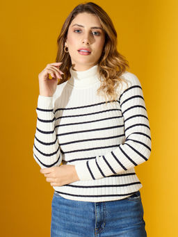 98 Degree North - Women Cream Turtle Neck Striped Slim Pullover Sweater